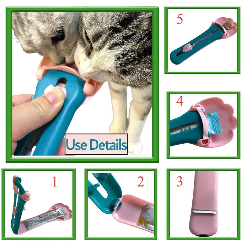 Green and pink plastic pet feed spoon with squeezer dispenser for liquid food and treats