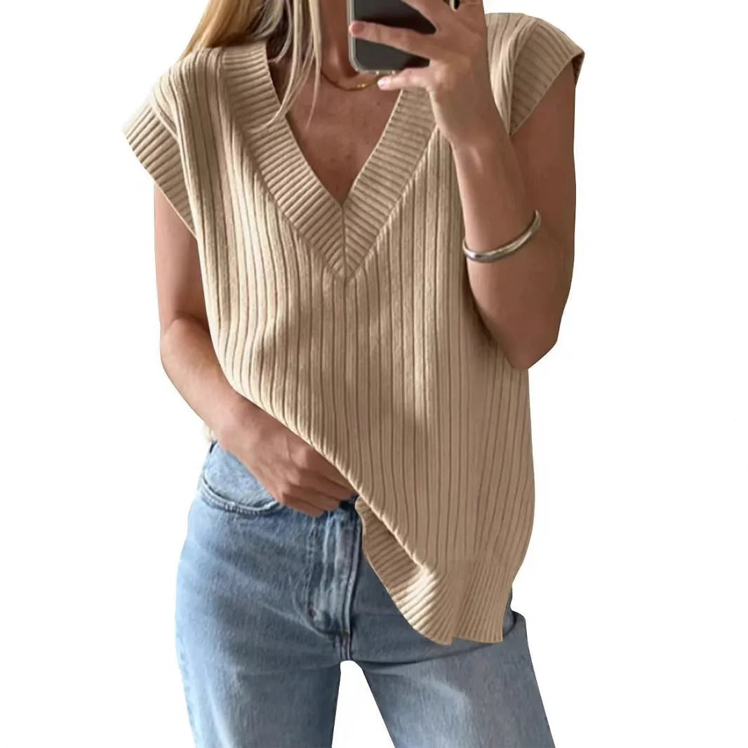 Camel and White women's sleeveless V-neck pullover vest in a loose, thin viscose fabric.