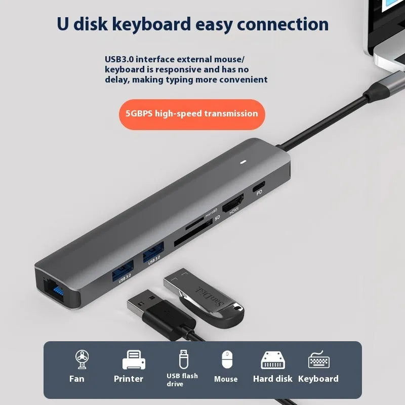LQT-LH07 7-in-1 USB-C multi-port hub with card reader slots, HDMI, and USB ports.