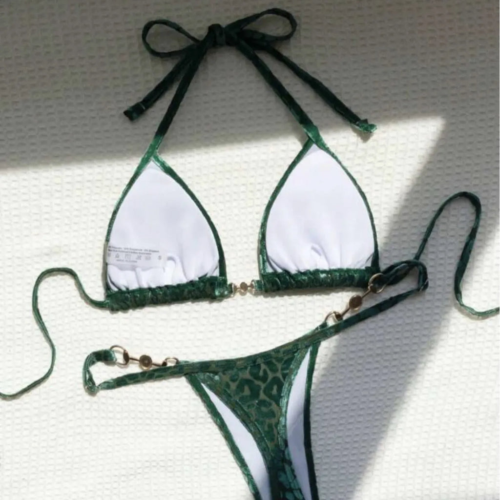 Women's polyester spandex swimwear bikini set with T-shaped pearl leopard pattern in multiple colour options