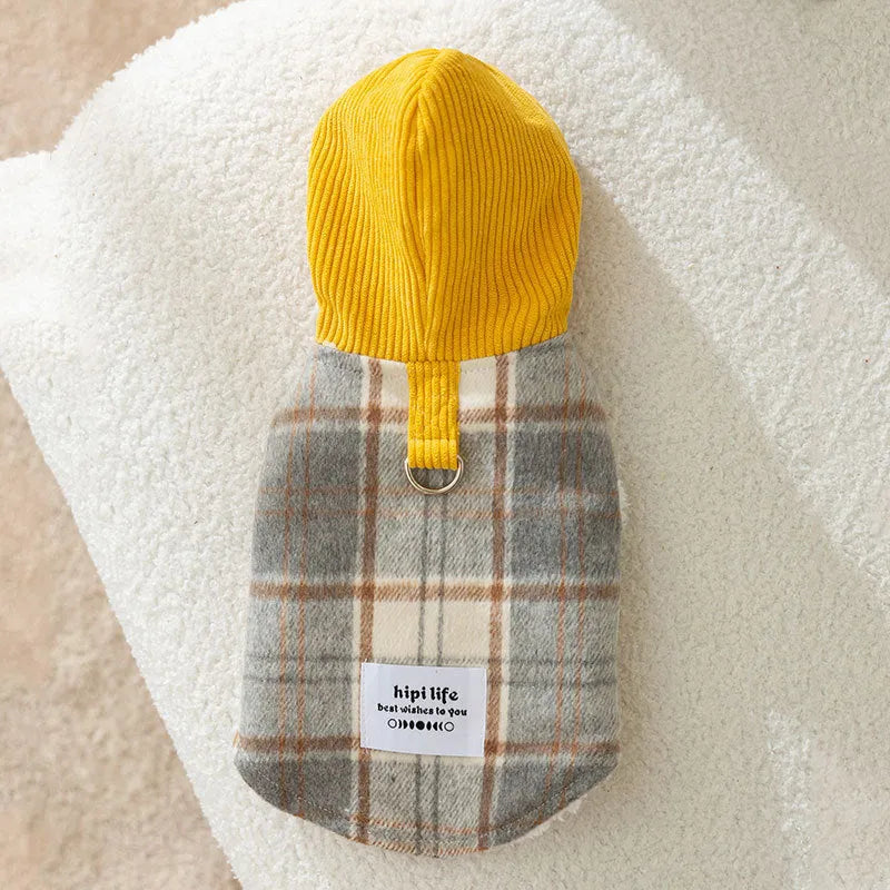 Blue corduroy chessboard grid hooded vest for small dog with traction hood design