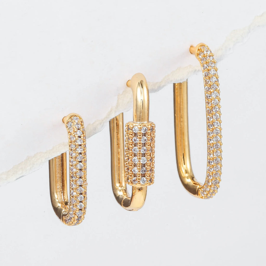 Geometric copper ear clip three-piece set with inlaid zircon stones in gold or white finish