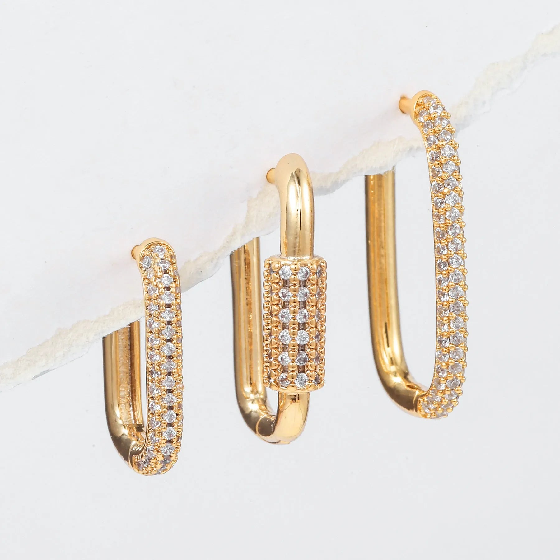 Geometric copper ear clip three-piece set with inlaid zircon stones in gold or white finish