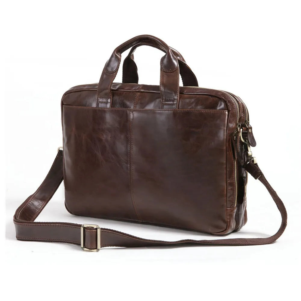 Brown cowhide leather business briefcase with 18-inch size for laptop storage