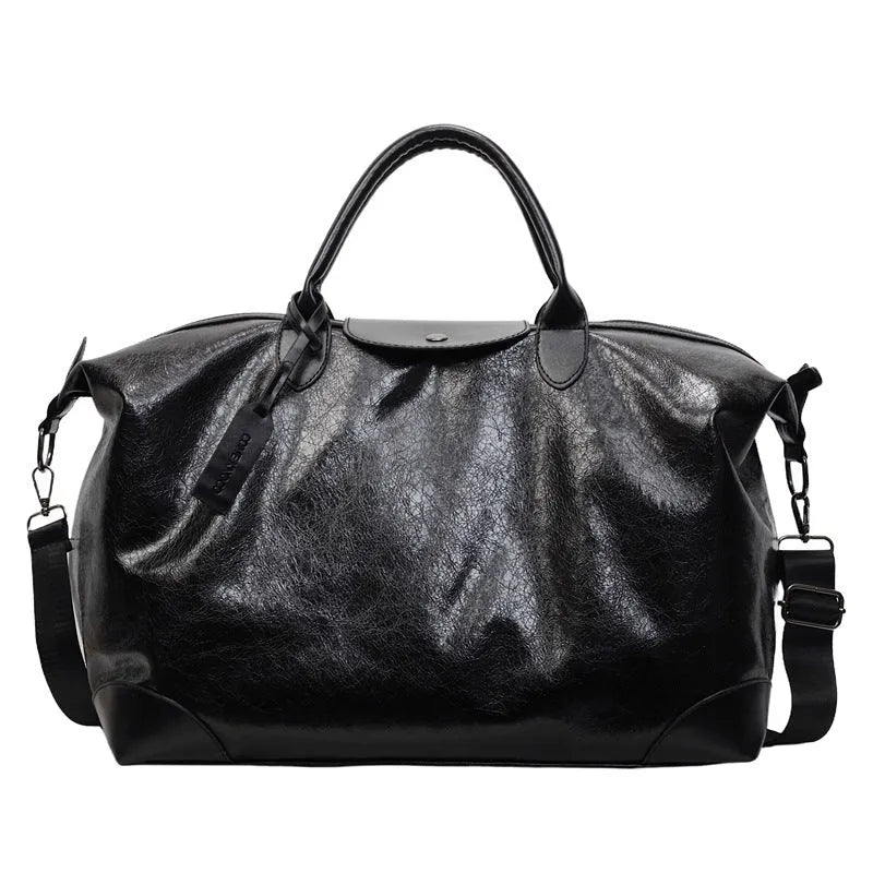 Large hand-carrying travel bag for women in black, capacity 36-55L, made from PU material with polyester lining