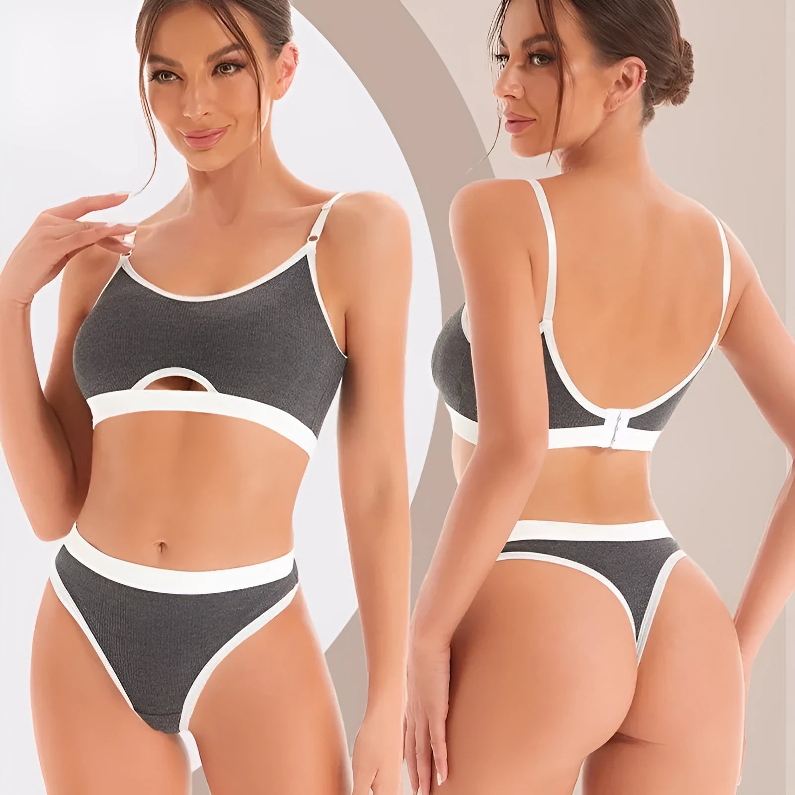Cotton sports underwear vest set with contrast back, showing bra and panties in black.