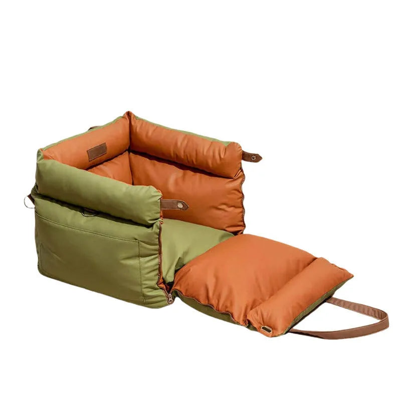 Green waterproof PU leather dog car nest with removable cushion, dimensions 55x50x45 cm.