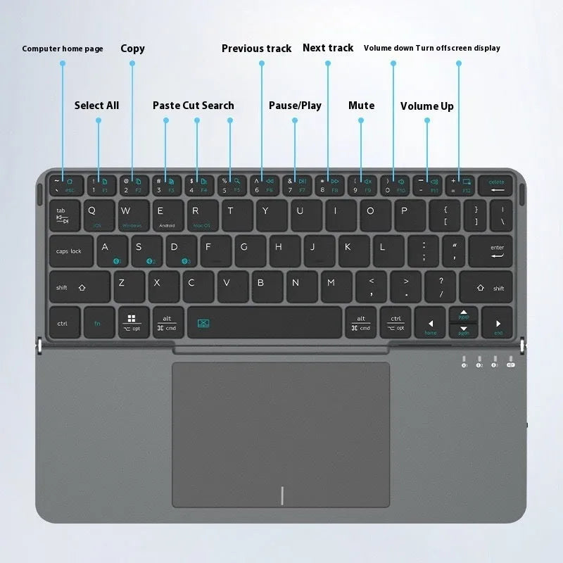 Grey folding Bluetooth keyboard shown both open and closed, next to mobile phone