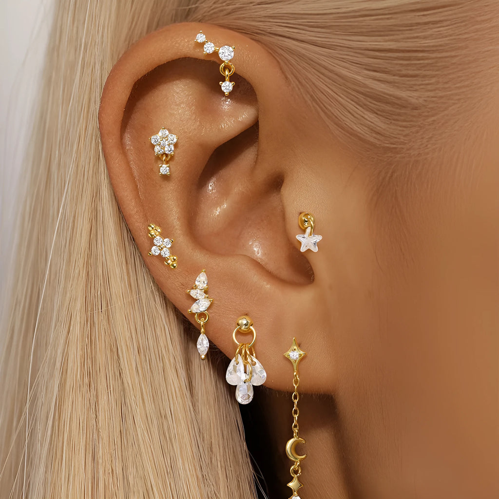 S925 sterling silver geometric moon and star earrings with diamond accents in gold tone finish