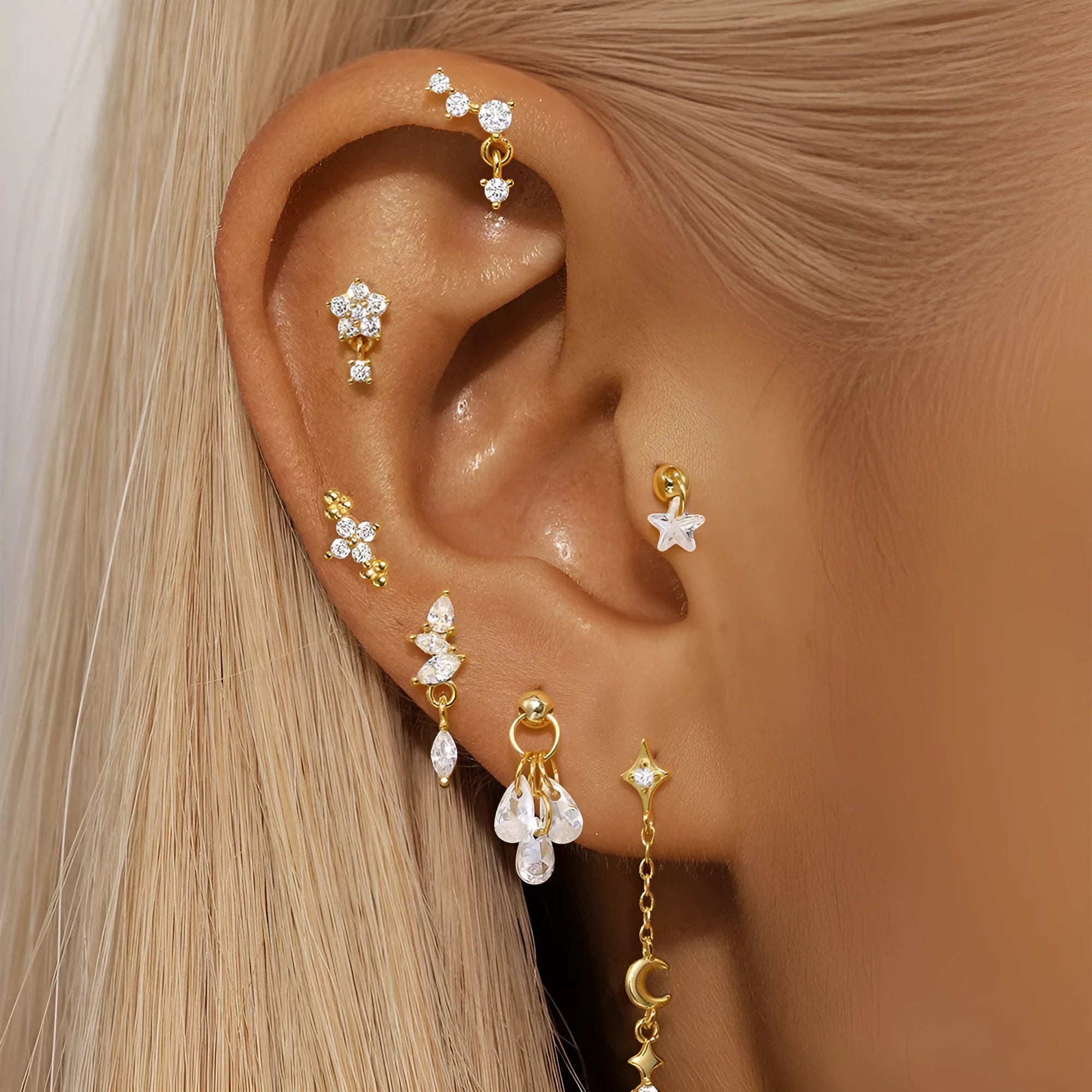 S925 sterling silver geometric moon and star earrings with diamond accents in gold tone finish