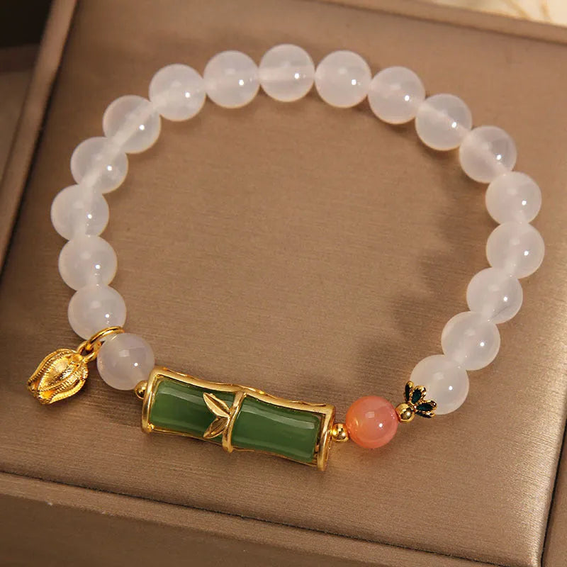 White agate and jade bamboo beaded bracelet in Chinese style for women.