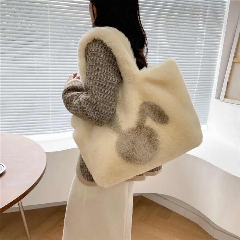 Plush rabbit ears shoulder tote bag in solid colour with cartoon design