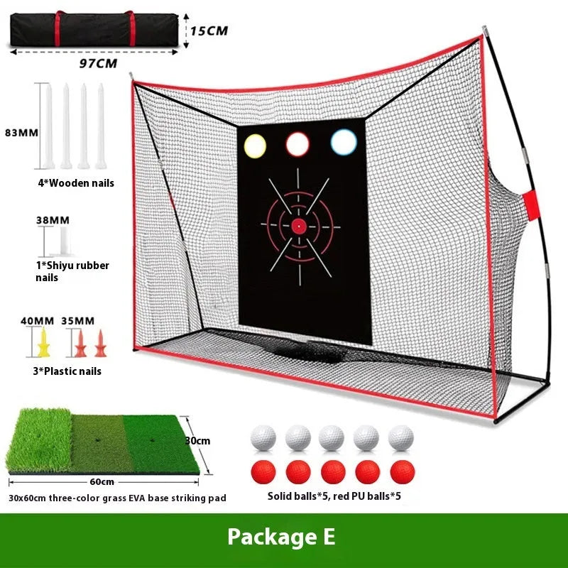 Golf swing wedge training net set with cross net, target mat, practice balls, tee, and accessories