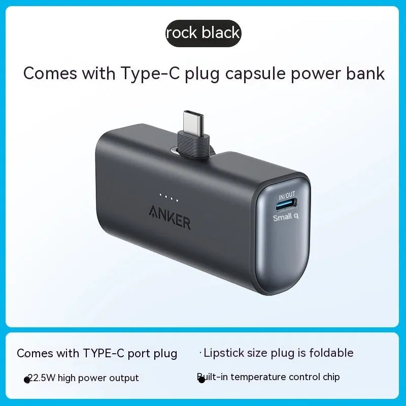 Compact capsule power bank with foldable USB-C head in black white green blue pink colours