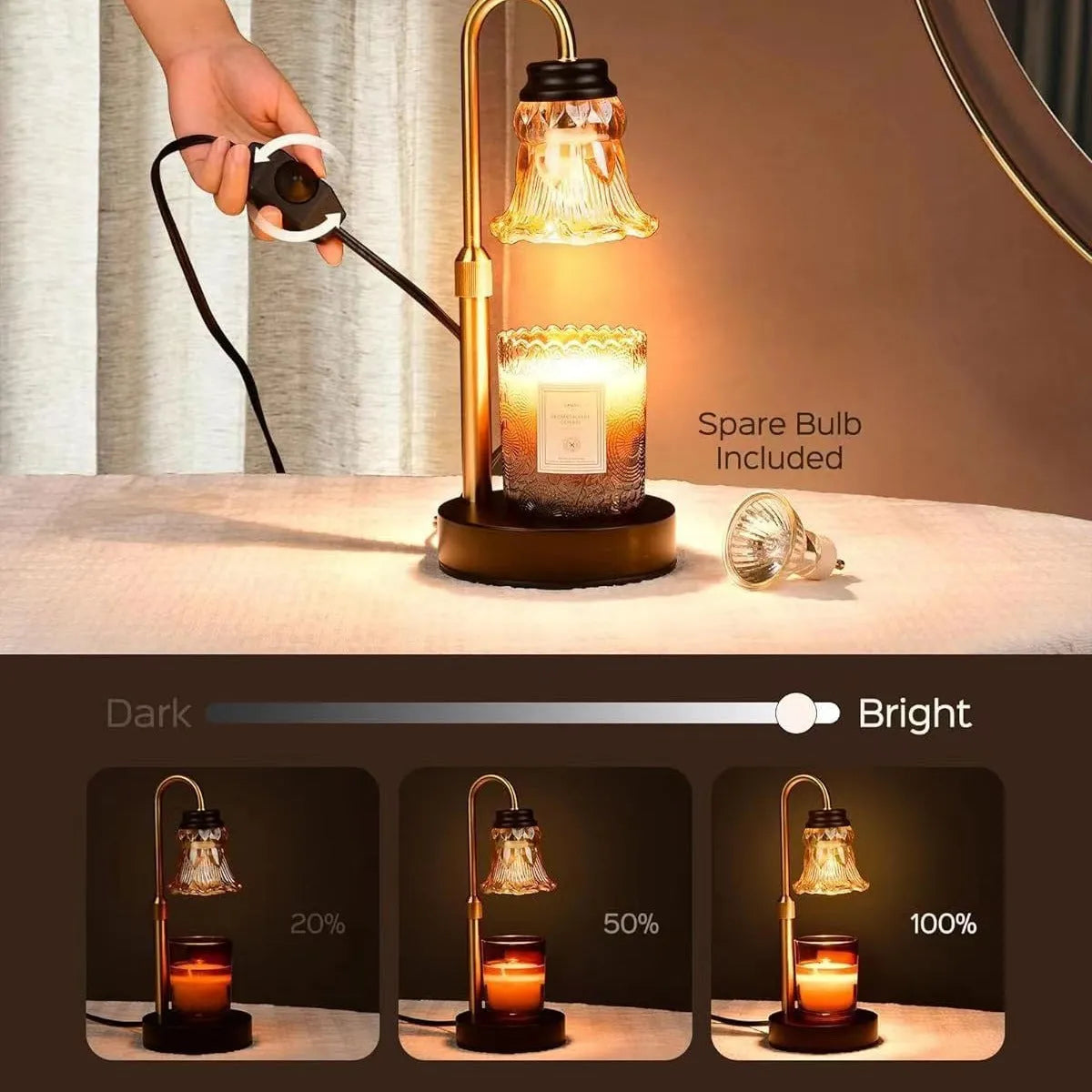 Lifting aromatherapy wax melting lamp with ceramic dish on bamboo stand