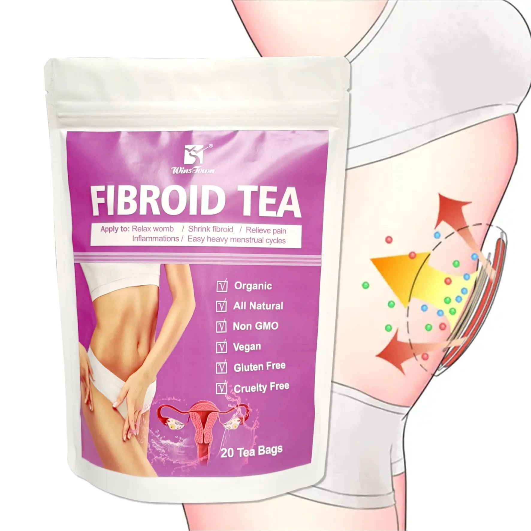 Pack of herbal fibroid tea bags with C83 Winstown packaging for cold extract brewing.