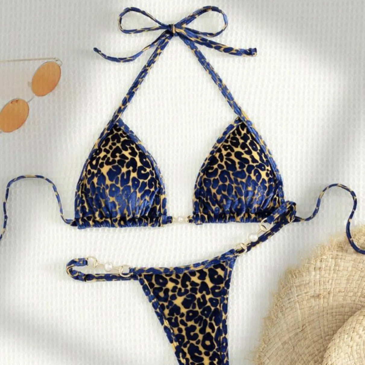 Women's polyester spandex swimwear bikini set with T-shaped pearl leopard pattern in multiple colour options