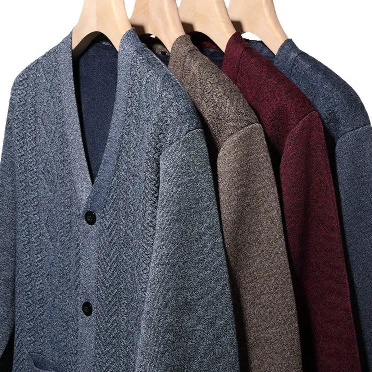 Men's striped knit cardigan in brown with wool lining, shown buttoned.