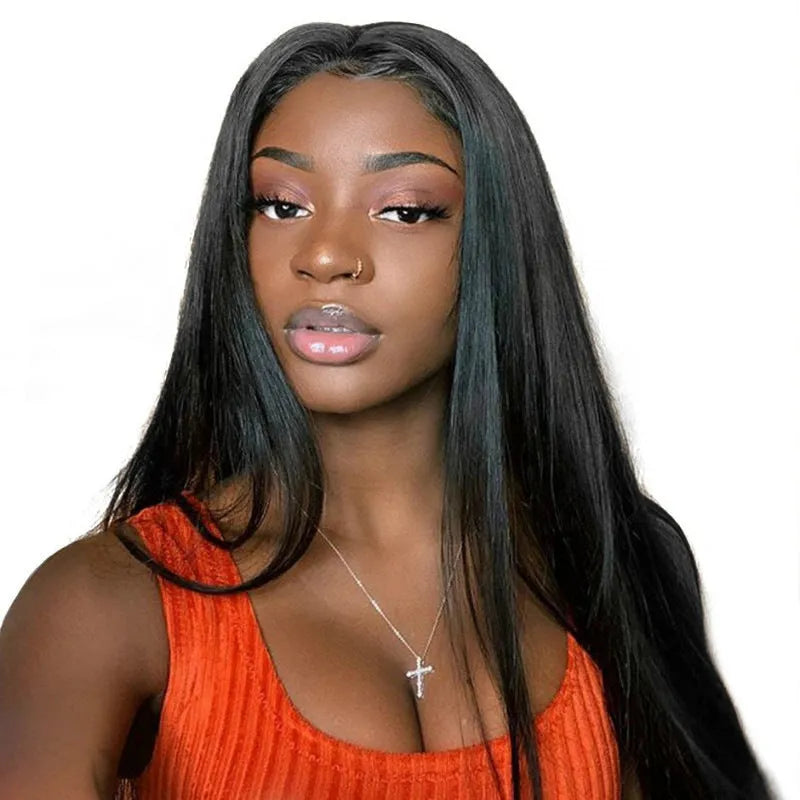 Long straight black synthetic wig with centre part and bangs on a mannequin head