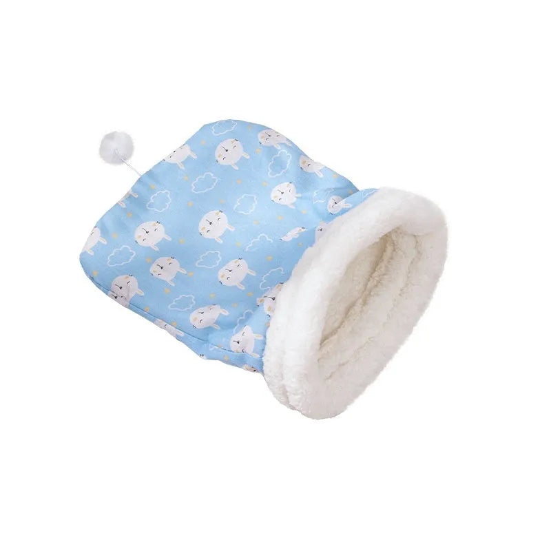 Blue rabbit print and pink Trojan print flannel cat sleeping bag nests, each 50x40cm.
