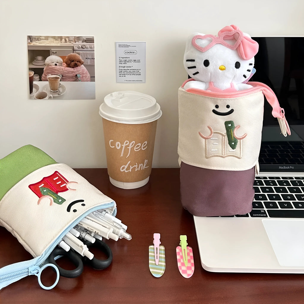 Brown Korean style collapsible pencil case with cartoon design measuring 17x14cm