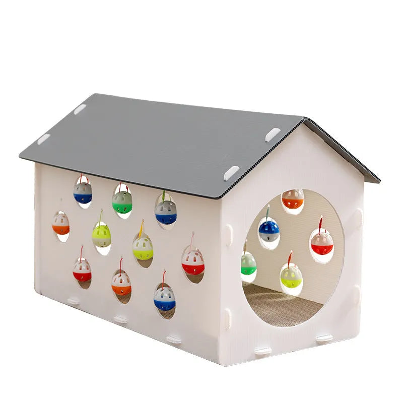 Plastic house cat scratch board with integrated bell ball and tunnel for feline scratching and play