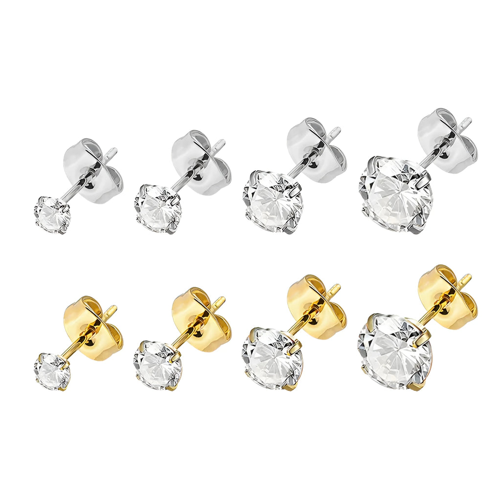 Square geometric stud earrings with a round zircon stone in stainless steel, shown in gold tone and steel colour finishes.