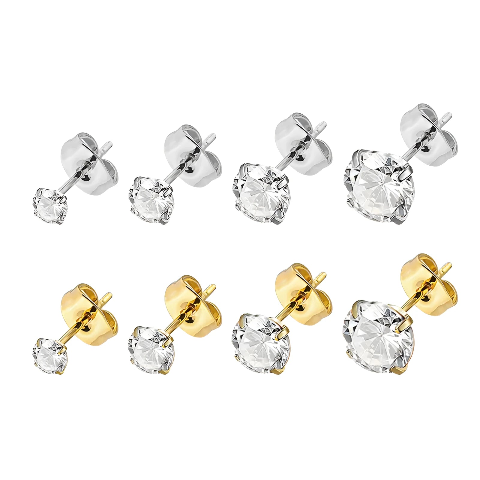 Square geometric stud earrings with a round zircon stone in stainless steel, shown in gold tone and steel colour finishes.