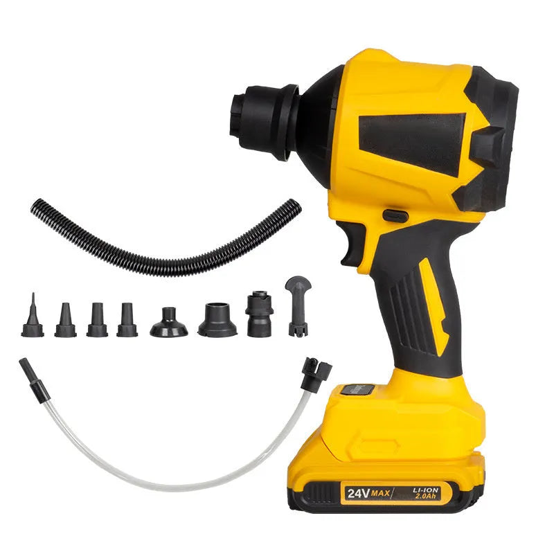 Yellow handheld portable dust blower and inflator pump with trigger and air nozzle.