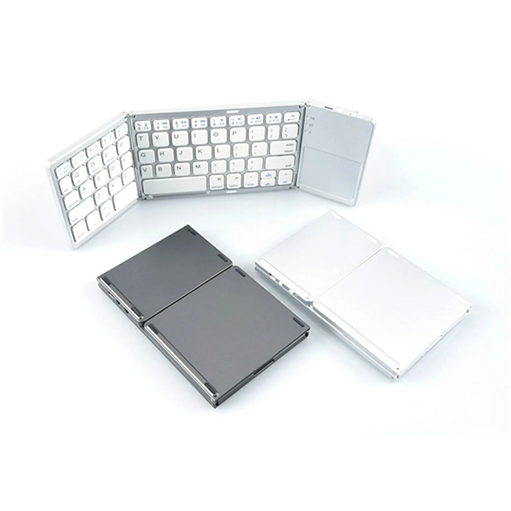 Black and silver mini tri-fold Bluetooth keyboard shown unfolded, displaying its slim profile and compact key layout.