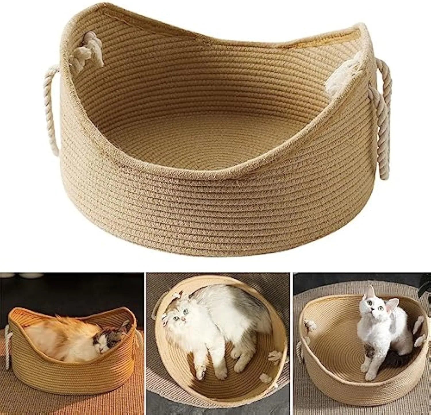 Wicker-style corrugated paper cat bed basket with integrated scratching surface