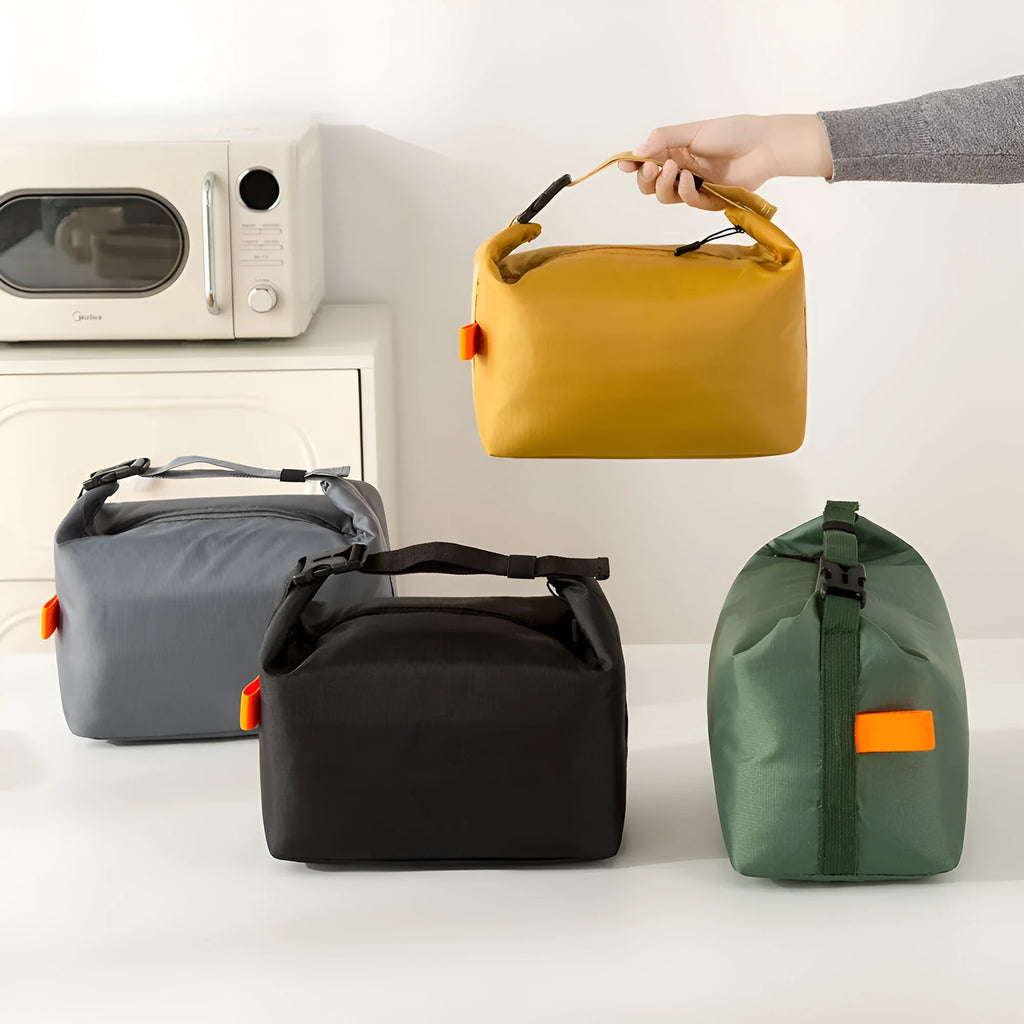 Japanese-style insulated lunch bag in oxford cloth with wide opening, shown in army green colour.