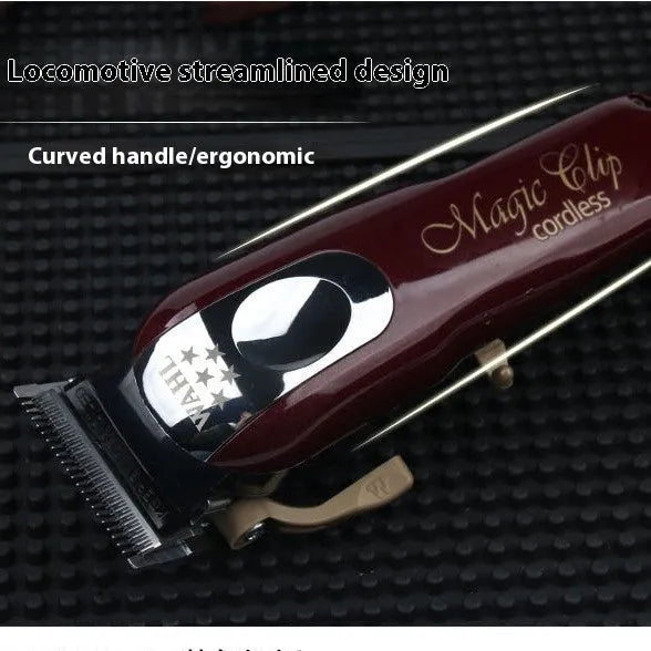 Rechargeable hair clipper for adults and children with stainless steel cutter head, showing EU, UK and US plug options.