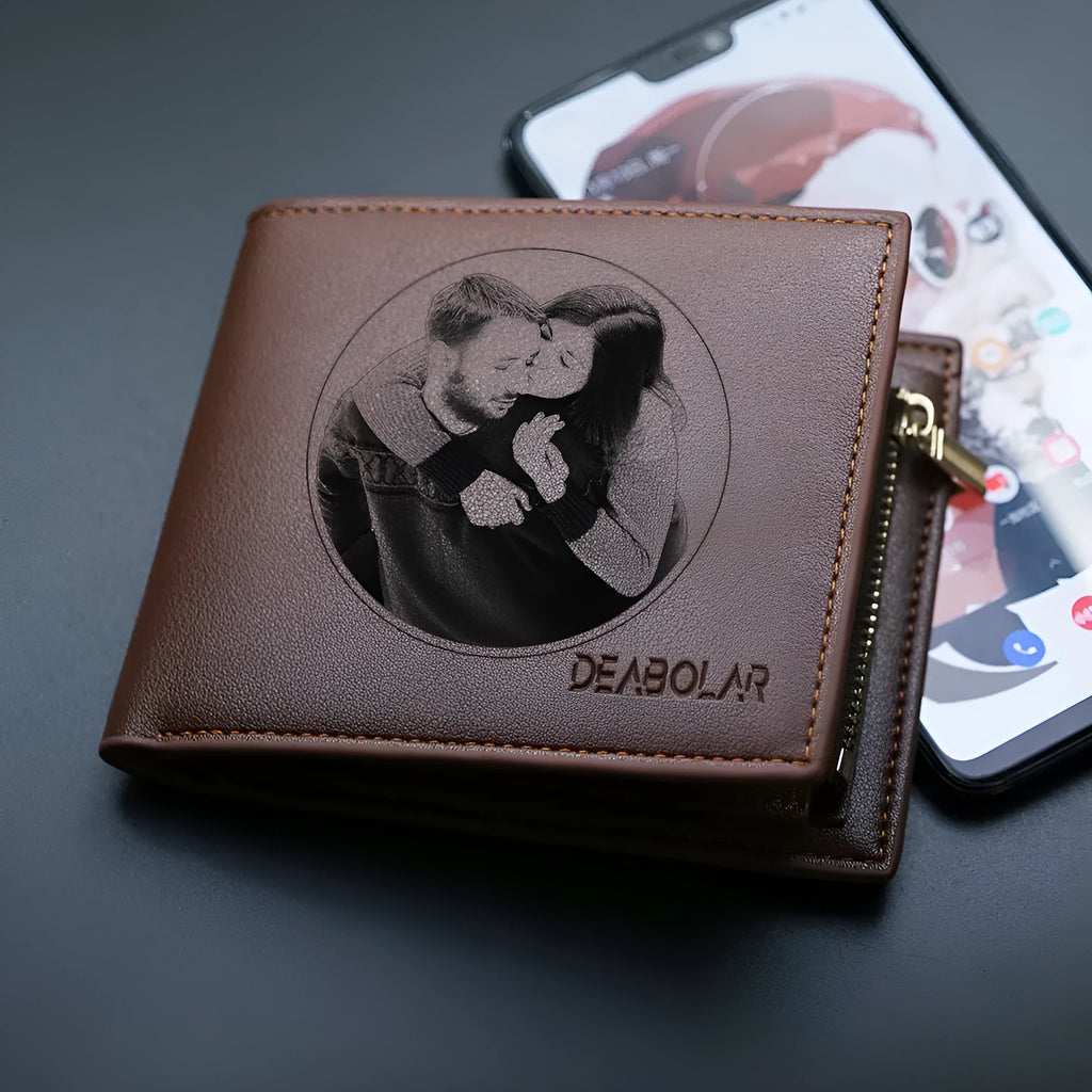 Leather men's wallet with zip closure, shown individually packaged.