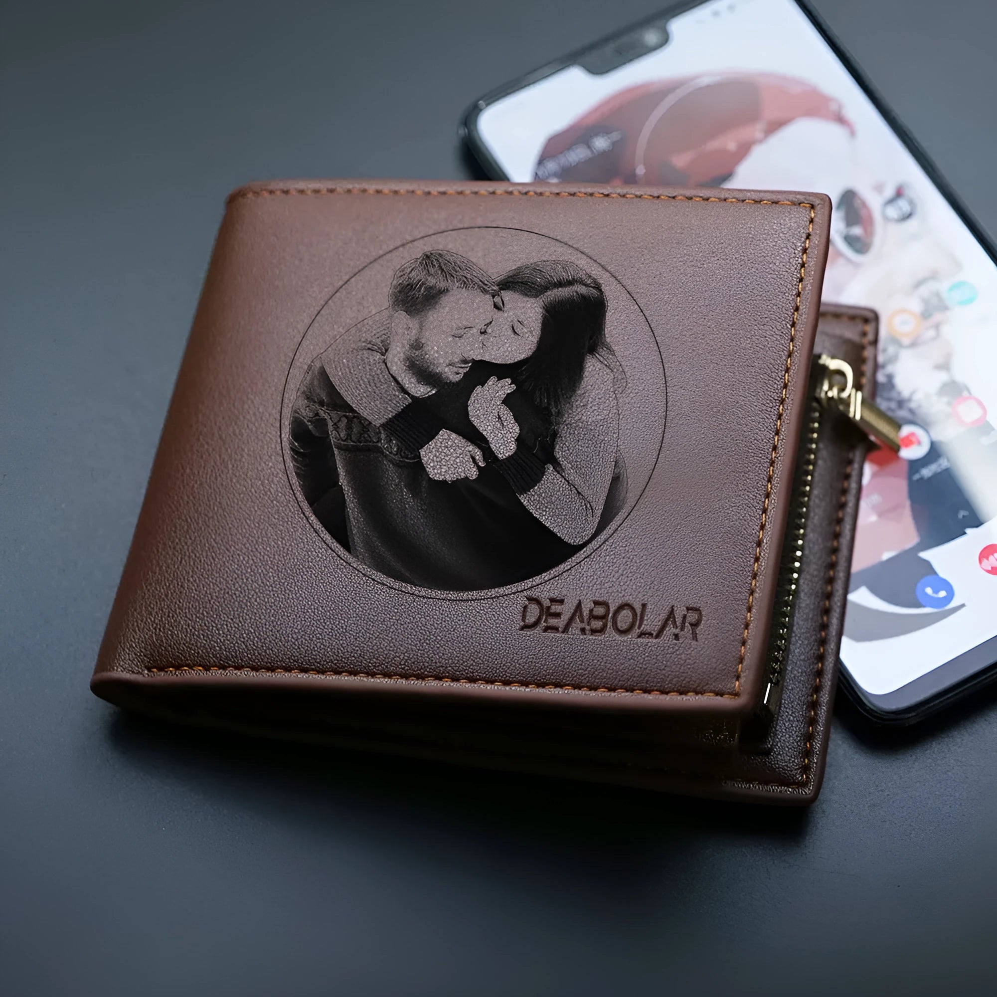 Leather men's wallet with zip closure, shown individually packaged.