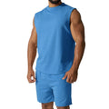 Men's sleeveless cotton-blend sports suit showing matching T-shirt top and shorts in a solid colour.
