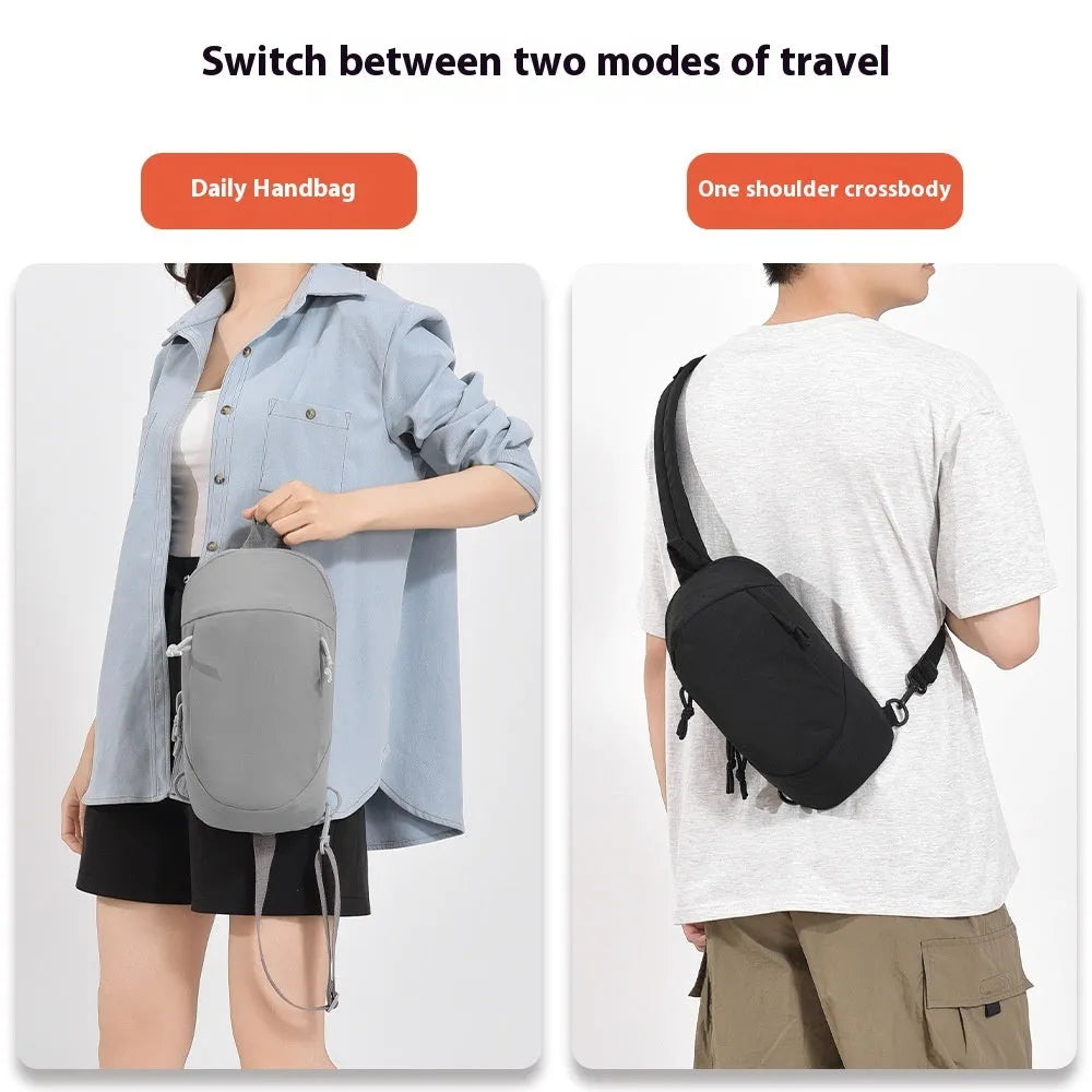 Nylon outdoor crossbody chest bag in army green with an internal phone compartment.
