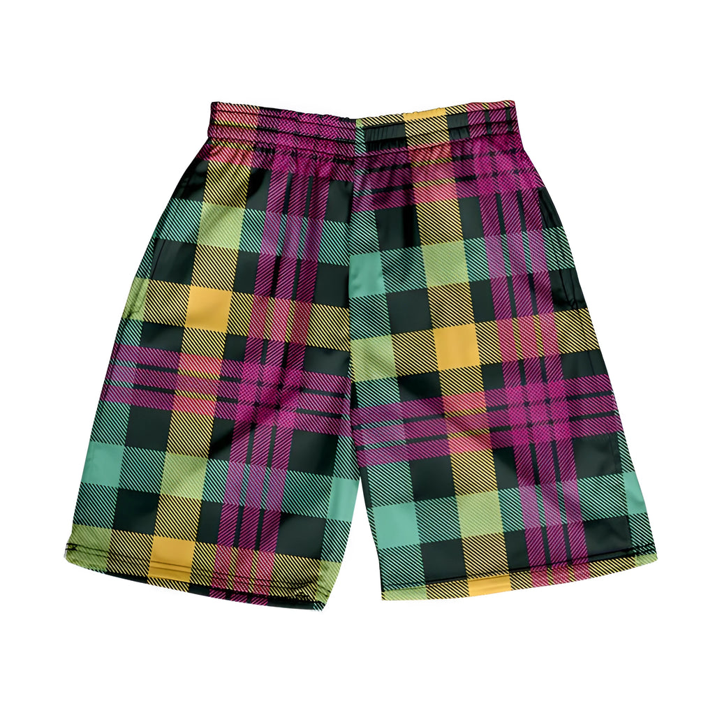 Men's plaid casual shorts with elastic waistband in straight cut design