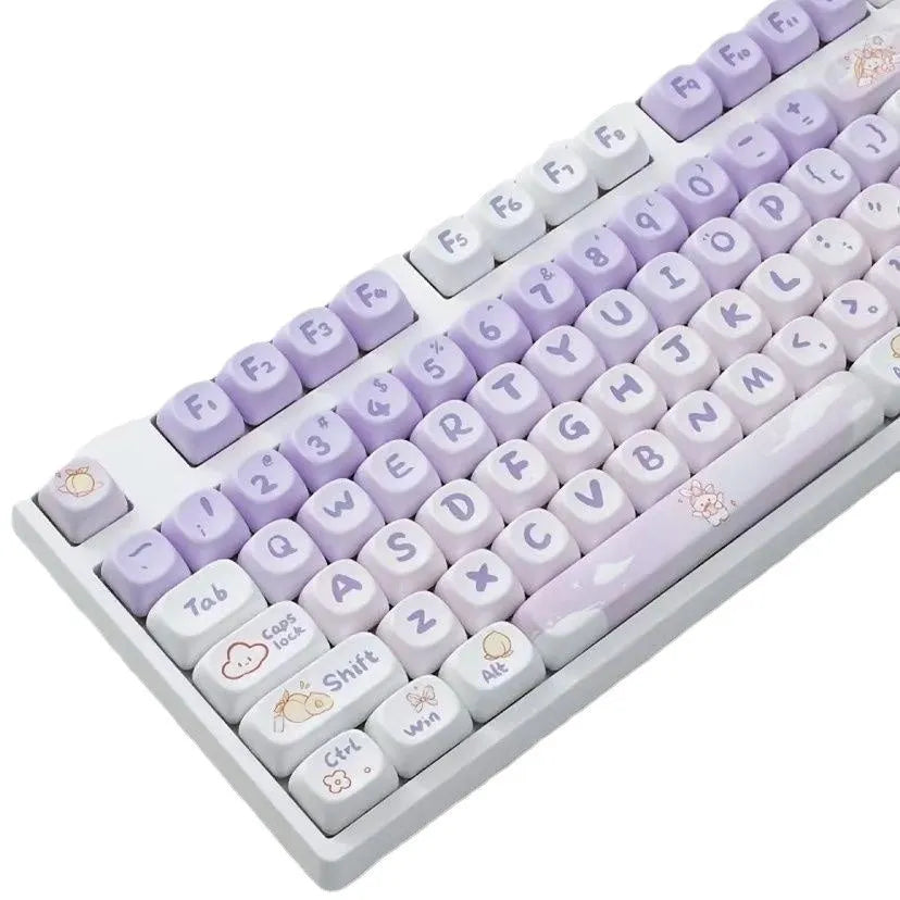 Set of gradient purple PBT keycaps with colourful Coeco rabbit artwork for mechanical keyboards.