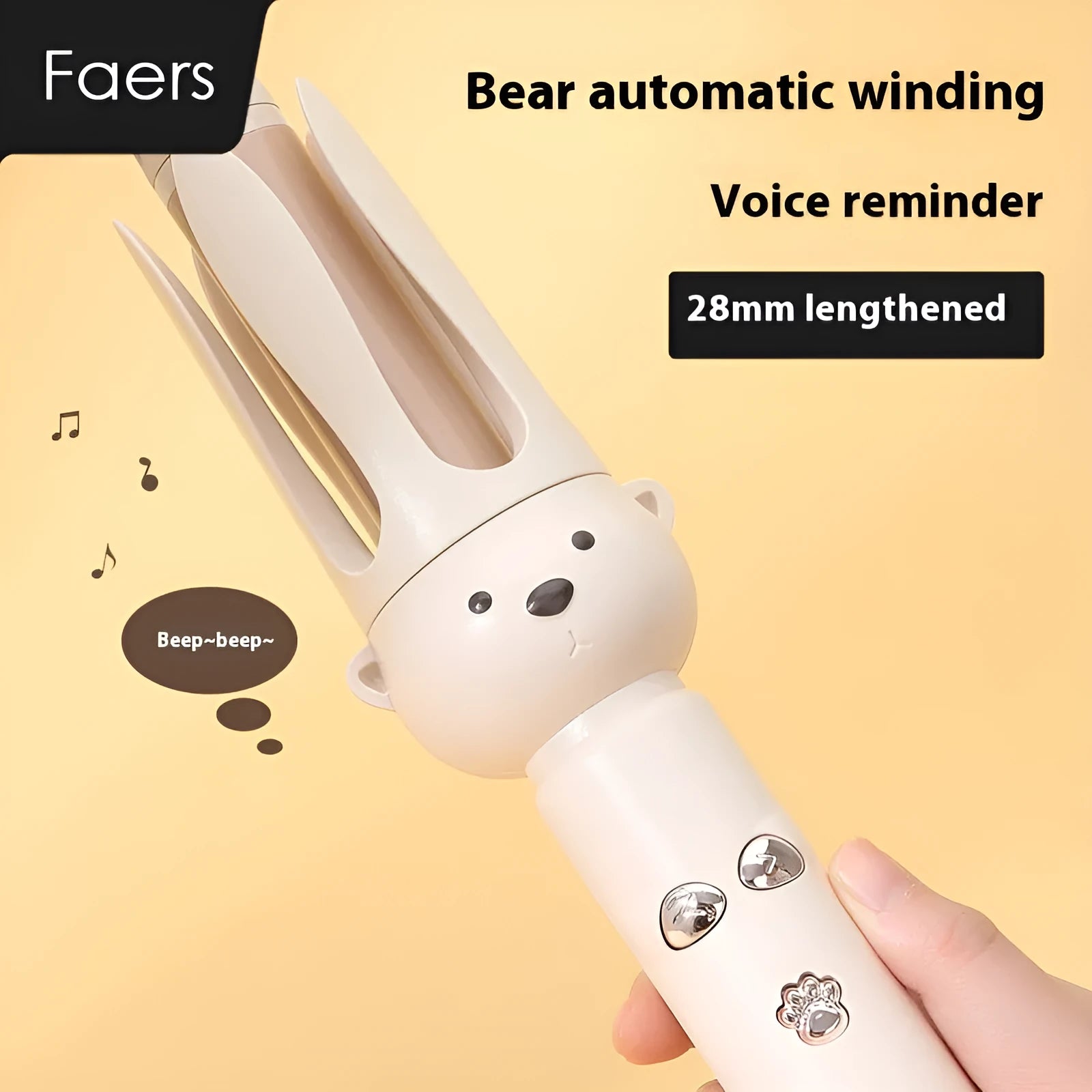Beige anion automatic hair curler with styling stick on white background