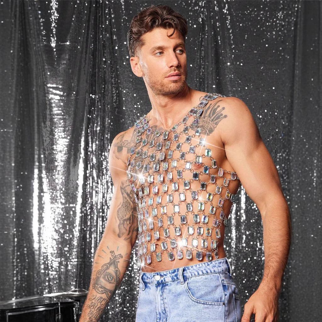 Heavy metal style gem vest top in transparent AB colour with strapless no-back cut, slim fit, and matching alloy body chain