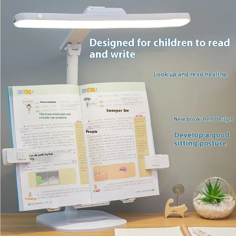 Multifunctional adjustable reading lamp on a bookshelf with charging cable
