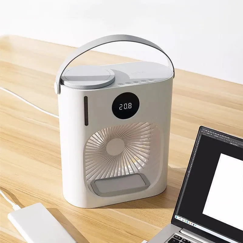White USB refrigeration air conditioner fan with brushless motor and timing screen display on a desk