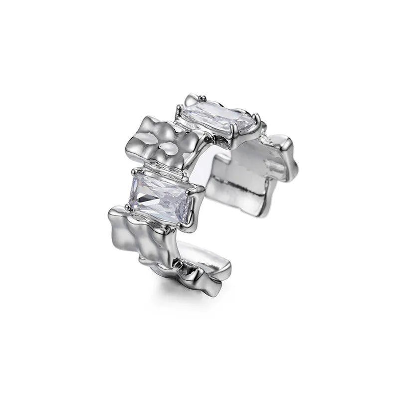 Silver geometric cross ring with open zircon gemstone setting and three-dimensional decoration