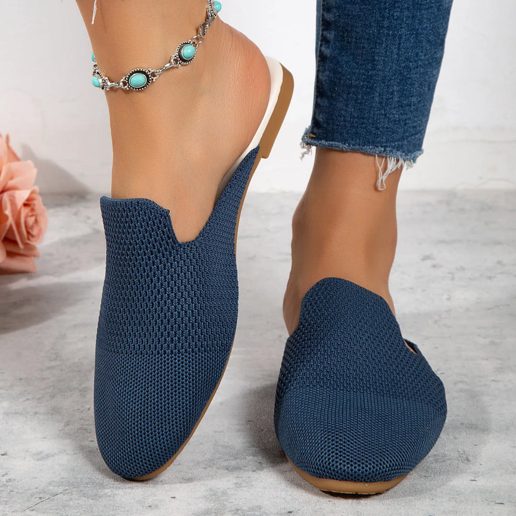 Mesh sandals with round toe slip-on design in candy colours showing cloth upper and flat rubber sole