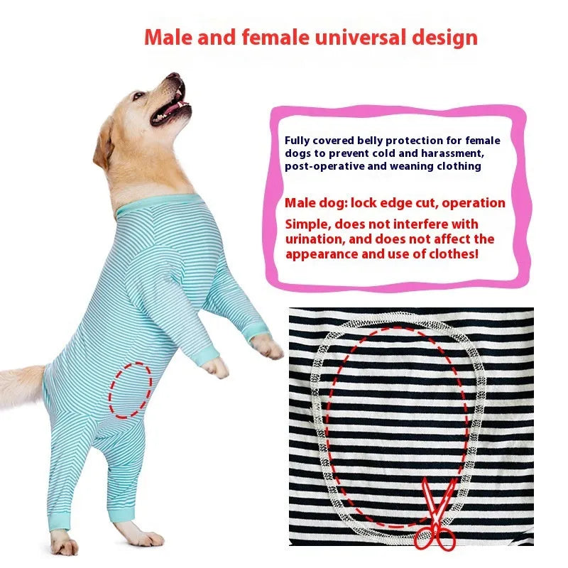 Polyester striped dog shirt for thin golden retriever or labrador in blue, stripe, or brown