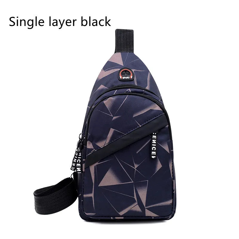 Men's blue crossbody sling bag with earphone hole showing square shape and strap