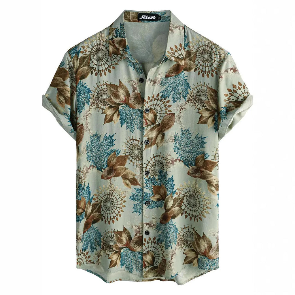 Hawaiian floral print short sleeve shirt in cardigan style with digital printing on elastic polyester fabric