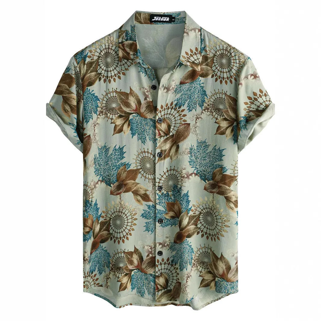 Hawaiian floral print short sleeve shirt in cardigan style with digital printing on elastic polyester fabric