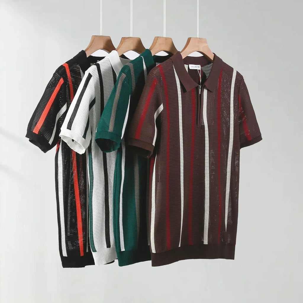 Hollow mesh short-sleeved knit polo shirt in loose fit ice silk viscose for summer.